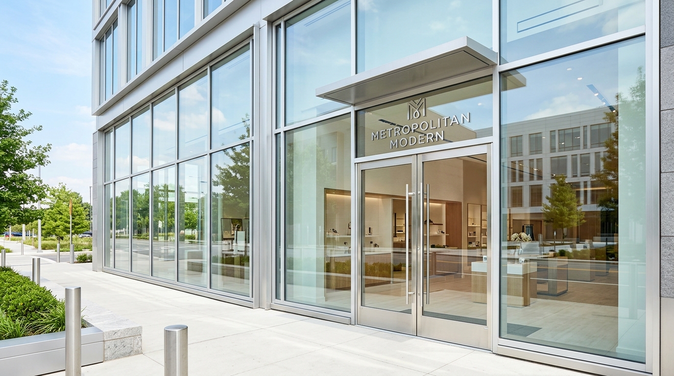 Modern commercial storefront glass facade and entrance during bright daylight