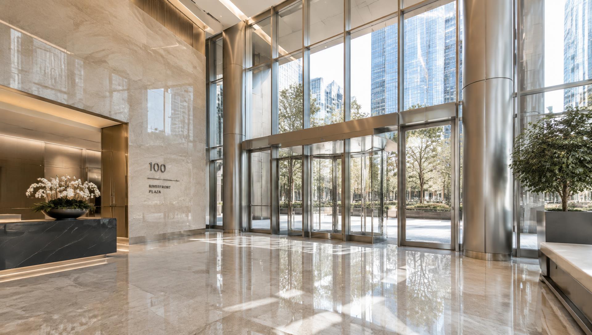 Commercial office lobby with floor-to-ceiling glass doors and curtain wall glazing